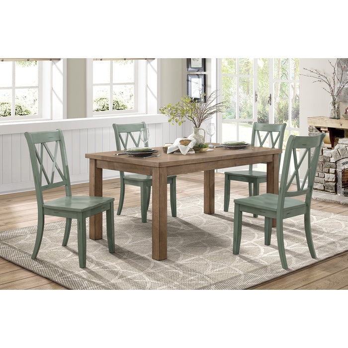 Pine Veneer Side Chair With Double X Cross Back, Teal Blue, Set of 2