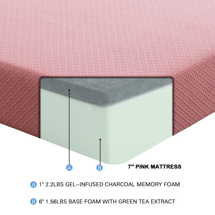 7'' Gel-Infused Memory Foam Pink Mattress and Pillow Set