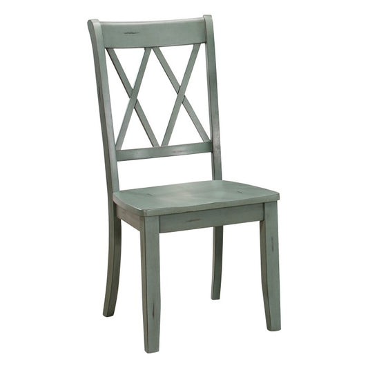 Pine Veneer Side Chair With Double X Cross Back, Teal Blue, Set of 2