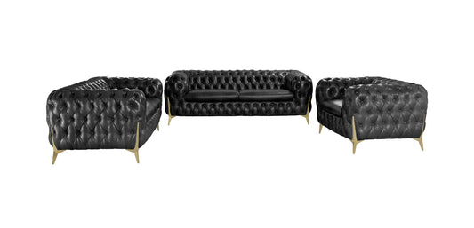 Modern Black Tufted Genuine Leather Sofa Set