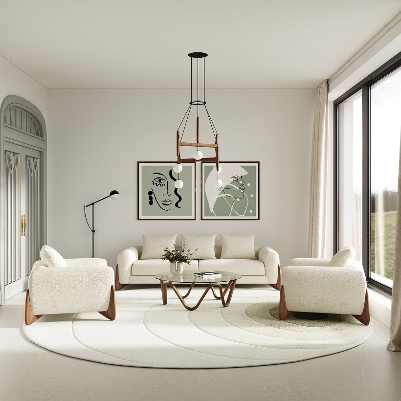 Modrest Fleury - Contemporary Cream Fabric and Walnut Lounge Chair