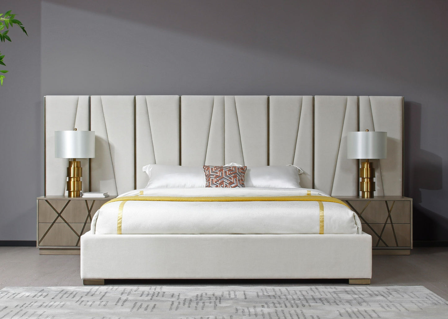 Modrest Nixa - Modern Beige Velvet + Brushed Bronze Bed + Birch Nightstands